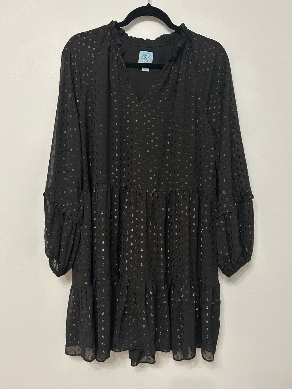 CeCe Black Dotted Ruffle Long Sleeve Dress